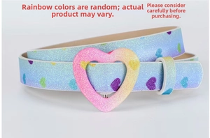 Close-up of a glitter rainbow belt with a heart-shaped buckle for children's accessories