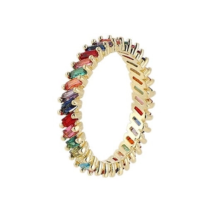 Gold plated rainbow eternity band ring featuring colorful baguette cut cubic zirconia