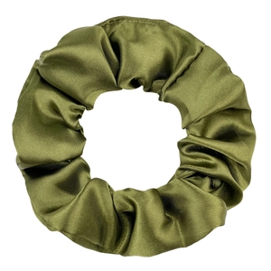 Detailed view of olive green satin scrunchie with pleated texture and silky sheen finish