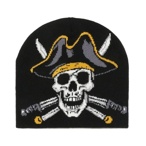 Winter outdoor knitted beanie featuring white pirate skull and cross swords pattern