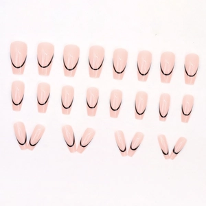 Pink French ballerina press-on nails with minimalist black U-shaped line design 24pcs