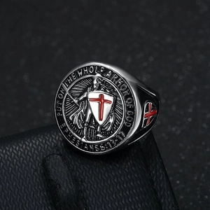 Men's gold plated steel Knights Templar ring with red cross shield and bible verses