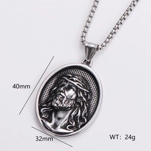 Macro detail of oval Jesus relief pendant in vintage steel with size and weight specs