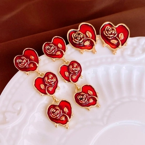 Vintage Heart Rose Earrings With 925 Sterling Silver Earring Post Red Enamel Flower Alloy French Jewelry For Women
