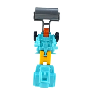 Detailed view of sky blue and yellow construction vehicle toy roller component parts
