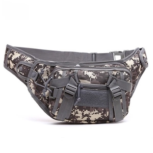 Detail of multi-pocket digital camouflage tactical chest bag with adjustable buckles