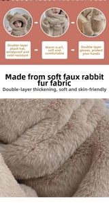 Detail of plush faux rabbit fur texture on thick thermal 3-in-1 winter hat scarf set