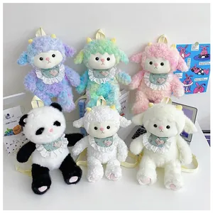 Close-up of assorted plush animal backpacks with lace bibs and colorful furry textures