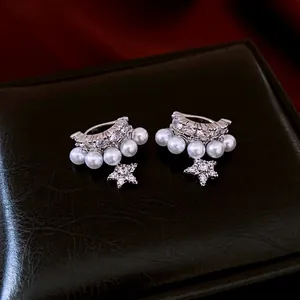 Double Layer Star Pendant Clip On Earrings Copper Zircon Faux Artificial Pearl Non Pierced Ear Cuffs Elegant Women Jewelry