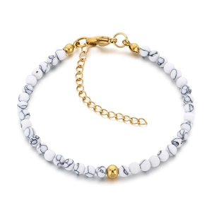 Unisex beaded bracelet with white marble beads and adjustable gold chain extension