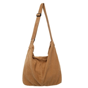 Brown corduroy crossbody tote bag with large capacity in minimalist Japanese style