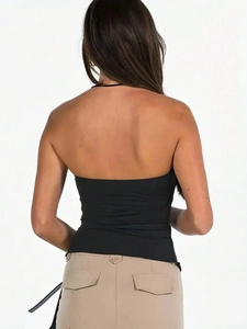 Sexy black backless drawstring crop top with ruching and slim fit for women