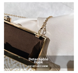 Detail of detachable gold chain hook and brown suede lining on acrylic clutch bag