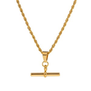 Detailed view of a gold T-shaped pendant on a twisted rope chain necklace