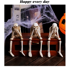 Detailed trio of resin skeletons in see-no-evil poses for Halloween table decor
