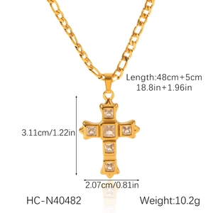 Detailed dimensions of gold stainless steel cross necklace with zircon and Figaro chain