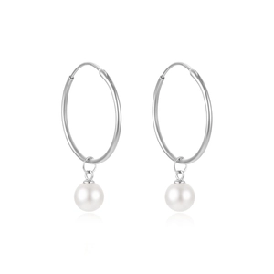 Close-up of S925 sterling silver hoop earrings with white pearl pendants and hallmark
