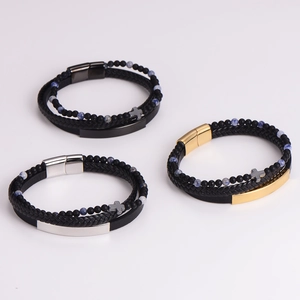 Men's multi-layer braided leather bracelet set with cross pendant and magnetic clasp