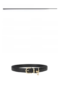 Detailed view of crocodile pattern leather belt with gold alloy buckle and small padlock