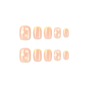 Yellow French press-on nails with white daisies on nude base, short square-oval shape