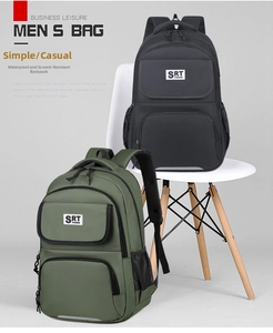 Detail view of water-resistant and anti-scratch oxford fabric backpack in black and army green