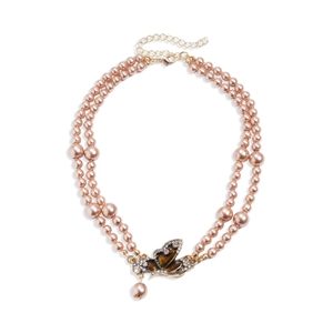 Vintage double layer pink pearl necklace with a gold butterfly crystal pendant charm