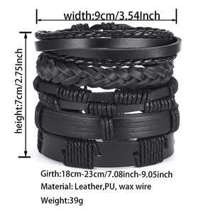 Detail view showing dimensions, weight and layered leather materials of the woven bracelet