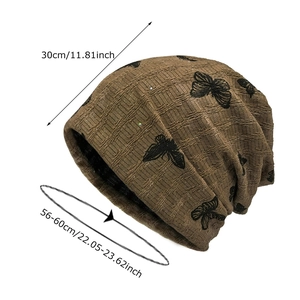 Brown butterfly print slouchy beanie hat size guide with dimensions for women