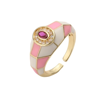 Adjustable 18K gold plated copper ring with pink checkered enamel and zircon stone