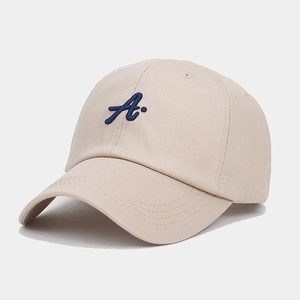 Beige cotton baseball cap with 3D blue embroidered letter A for casual sun protection