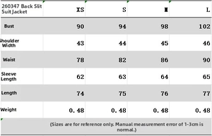 Size chart detail for casual blazer with back slit, including chest and shoulder measurements