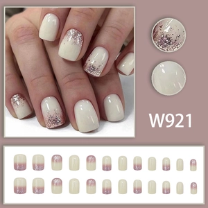 Short square press-on nails in milky white with pink purple glitter gradient 24pcs set