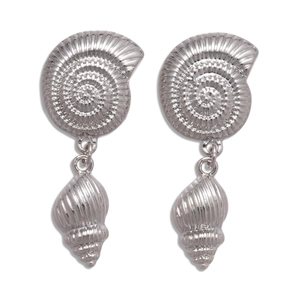Silver shell earrings with conch drop design and textured nautical spiral studs