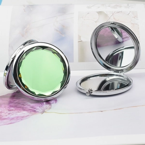 Portable Round Folding Makeup Mirror Double Sided Magnifying Metal Pocket Mirror With Crystal Inlay For Travel