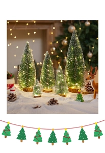 Miniature LED Christmas tree set with snow dusting and warm lights on natural wood base