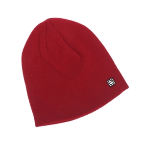 Detail shot of the dark red knit beanie fabric texture and square logo patch