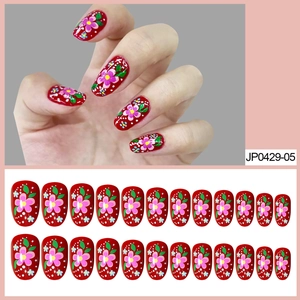 Red Floral Press On Nails ABS Vintage French Style Oval Round Shape Full Cover False Nails Glossy Sweet