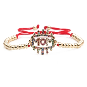 Bracelet MOM doré avec cordon rouge, zircons et chaîne à billes réglable pour femmes