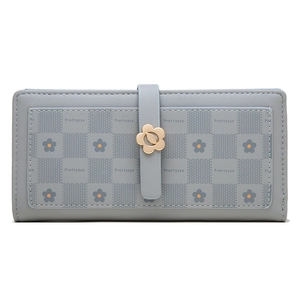 Womens Long Wallet PU Leather Checkerboard Floral Clasp Multi Functional Card Holder Clutch Purse