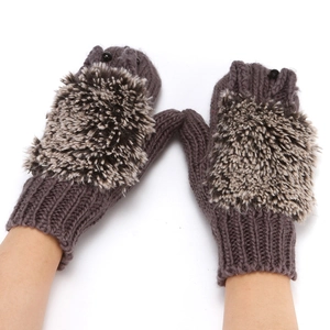 Cute hedgehog plush knitted gloves for women, warm winter cozy fuzzy mittens for daily wear.
