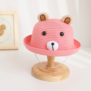 Cappello di paglia rosa per neonata con orecchie da orso e cinturino bianco antivento