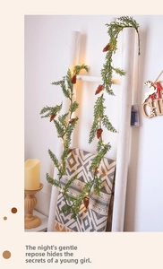 Détail de guirlande de Noël LED avec pommes de pin et baies sur une échelle en bois