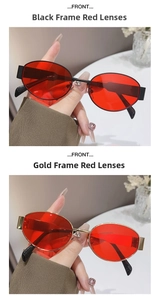 Nahaufnahme der ovalen Retro-Sonnenbrille mit schwarzem und goldenem Metallrahmen und roten Gläsern