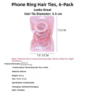 Detailed view of spiral hair ties in a pink pouch with dimensions 10.5x15cm