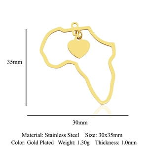 Detail view of 30x35mm gold plated stainless steel Africa map pendant with size info