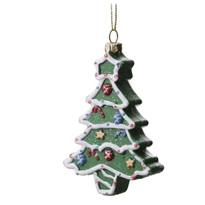 Green Christmas tree pendant with glitter, candy canes and gold string on white background