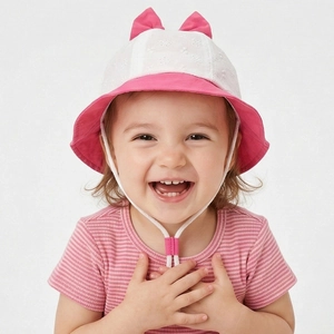 Chapeau Bob Enfant Fille Protection Solaire Polyester Broderie Dentelle Nœud Large Bord Réglable Coupe Vent
