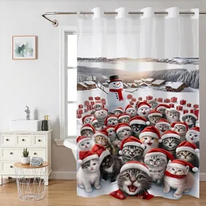 Detailed close-up of Christmas cat and snowman pattern on waffle fabric shower curtain
