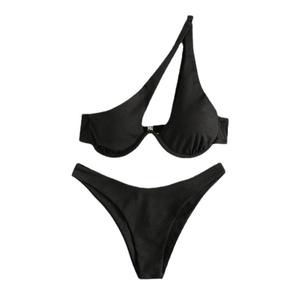 Black ribbed bikini set with asymmetric one-shoulder top and wired support cups
