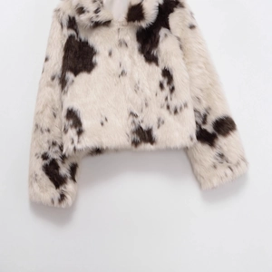 Manteau femme en fausse fourrure à imprimé vache élégant en crème et marron